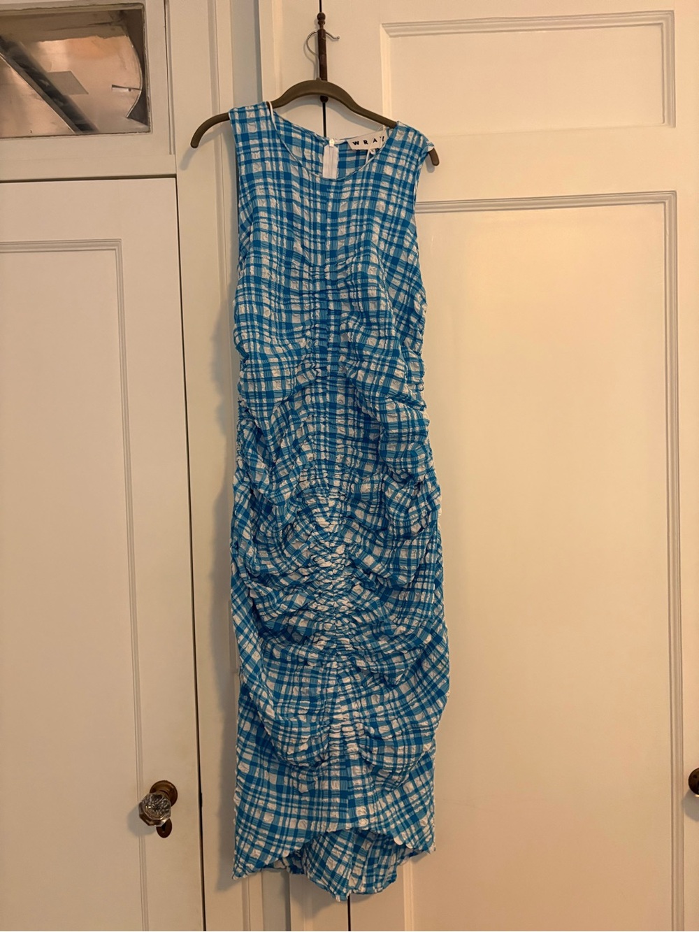 Wray XL Blue Plaid Sleeveless Ruched Midi Dress